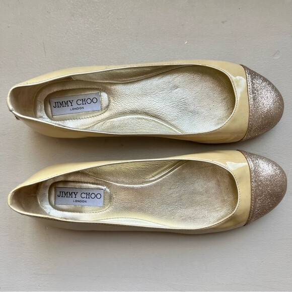 Jimmy Choo Tan Beige Ballet Flats with Sparkly Gold Toe Women EU 39.5 US 9 - 9.5 - Picture 12 of 14